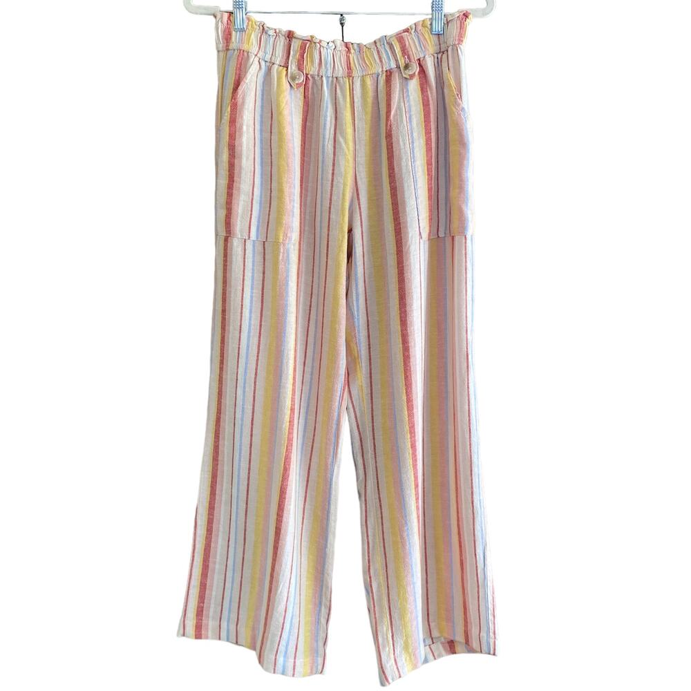 Linen Blend Pants Pull-On Striped Beachy Coastal Wide Leg Festival L